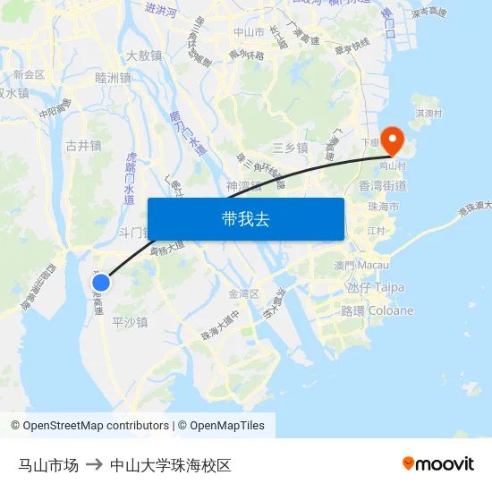 马山市场 to 中山大学珠海校区 map