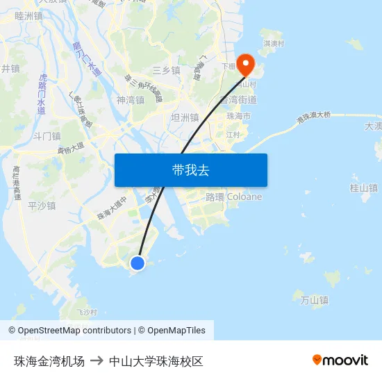 珠海金湾机场 to 中山大学珠海校区 map