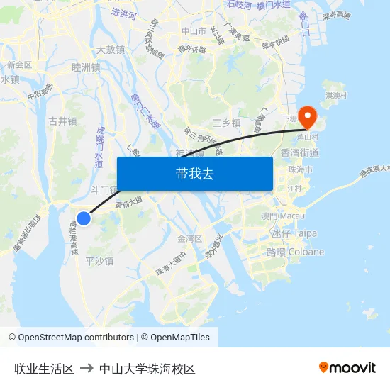 联业生活区 to 中山大学珠海校区 map