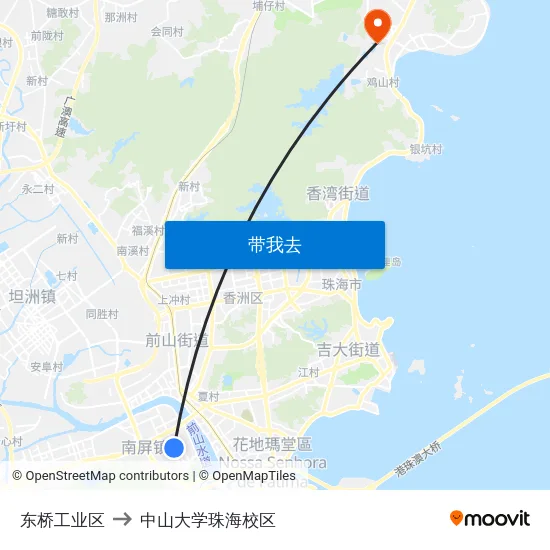东桥工业区 to 中山大学珠海校区 map