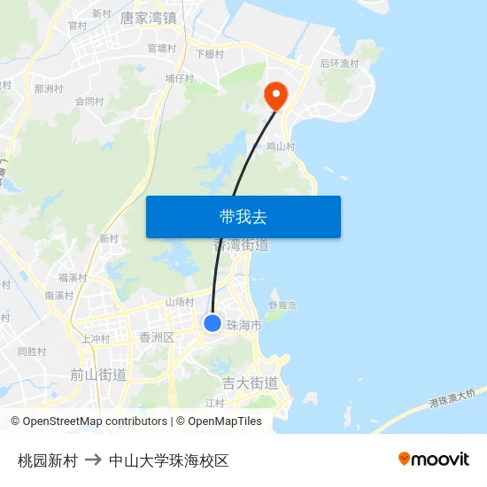 桃园新村 to 中山大学珠海校区 map