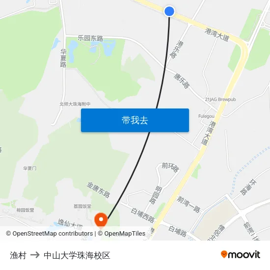 渔村 to 中山大学珠海校区 map