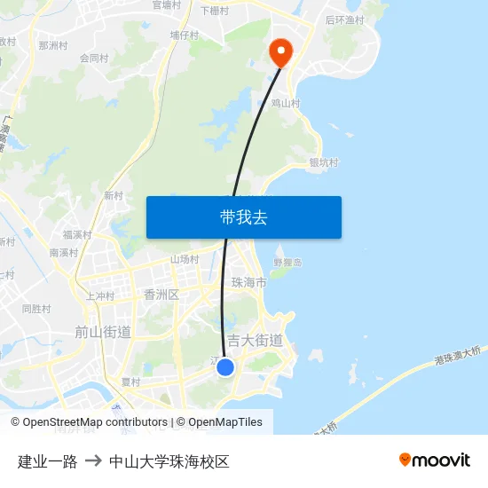 建业一路 to 中山大学珠海校区 map