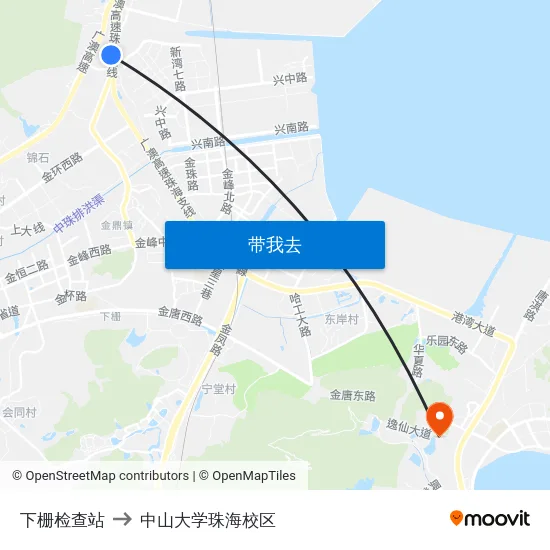 下栅检查站 to 中山大学珠海校区 map