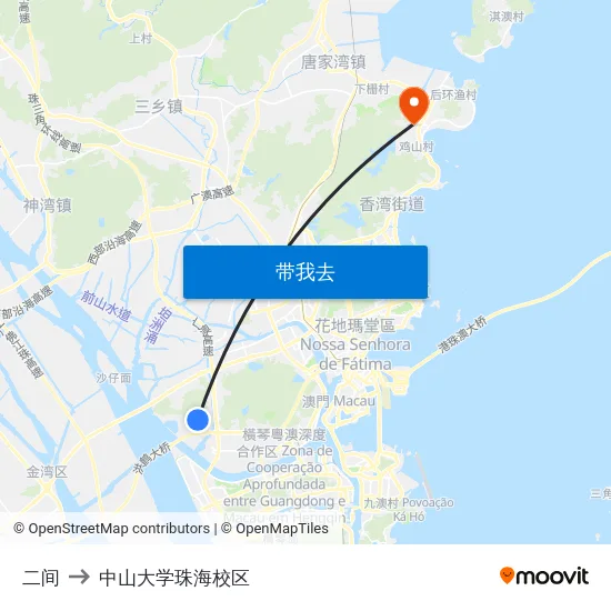 二间 to 中山大学珠海校区 map