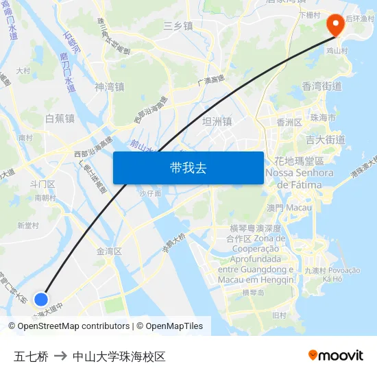 五七桥 to 中山大学珠海校区 map