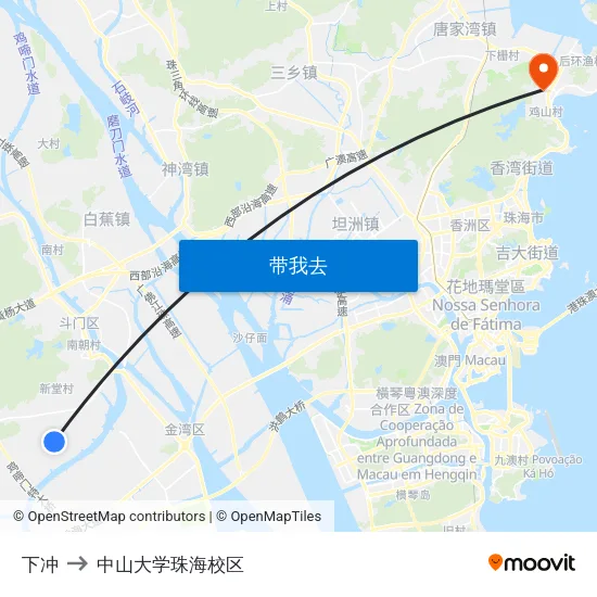 下冲 to 中山大学珠海校区 map