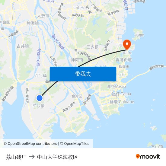 荔山砖厂 to 中山大学珠海校区 map