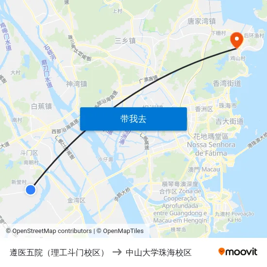 遵医五院（理工斗门校区） to 中山大学珠海校区 map