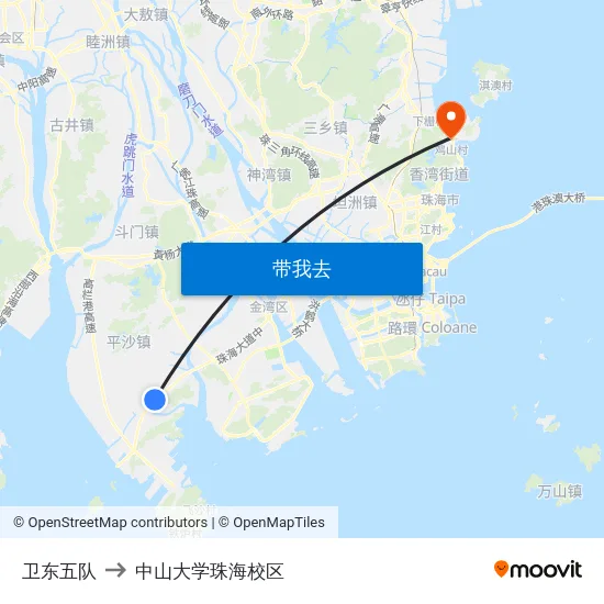卫东五队 to 中山大学珠海校区 map