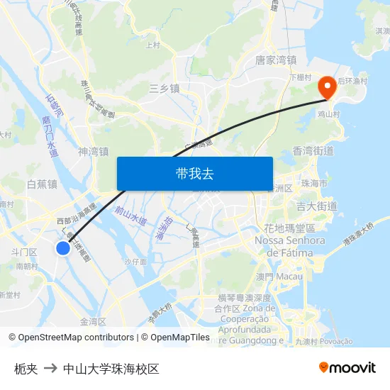栀夹 to 中山大学珠海校区 map