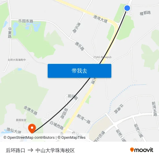 后环路口 to 中山大学珠海校区 map