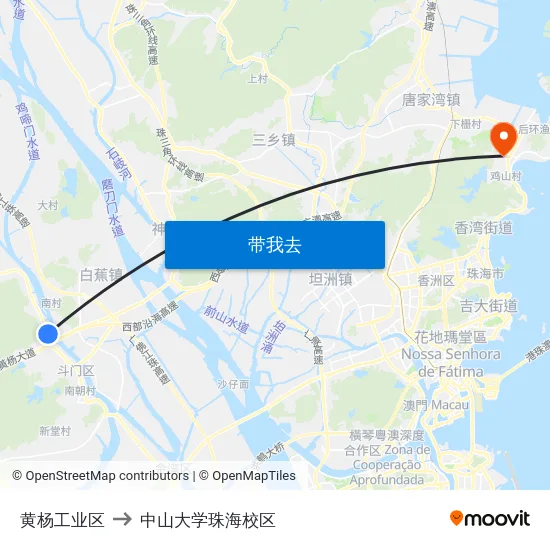 黄杨工业区 to 中山大学珠海校区 map
