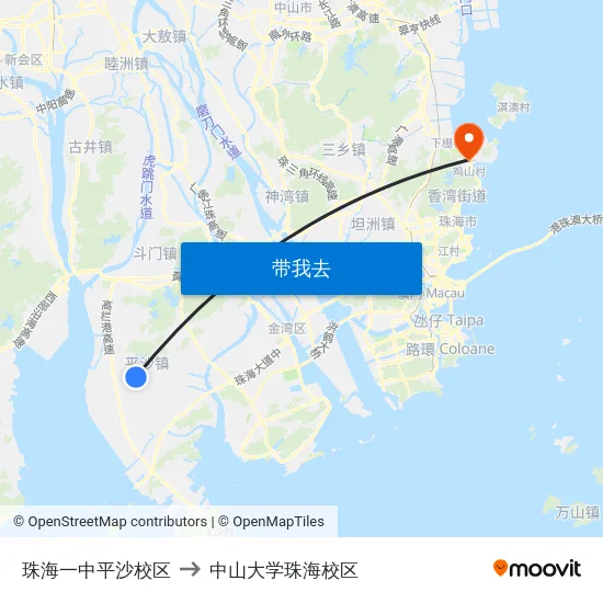 珠海一中平沙校区 to 中山大学珠海校区 map