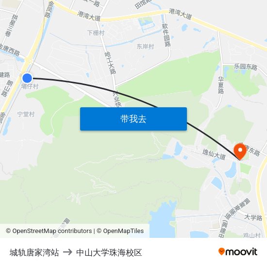 城轨唐家湾站 to 中山大学珠海校区 map