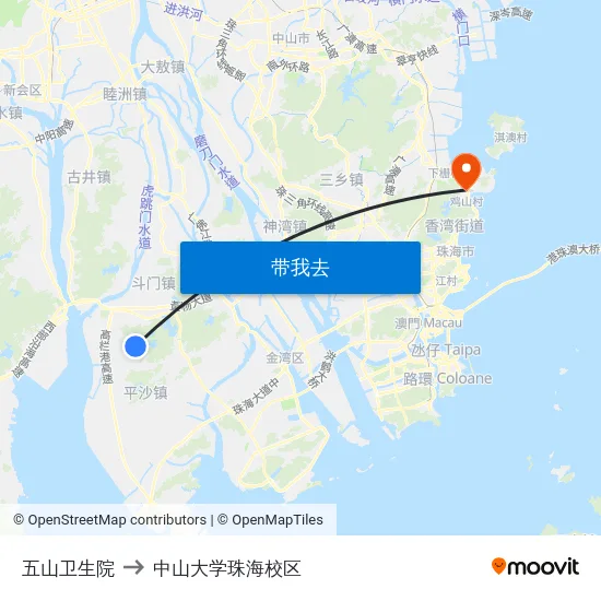 五山卫生院 to 中山大学珠海校区 map