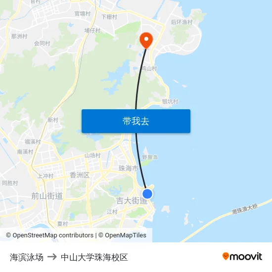 海滨泳场 to 中山大学珠海校区 map