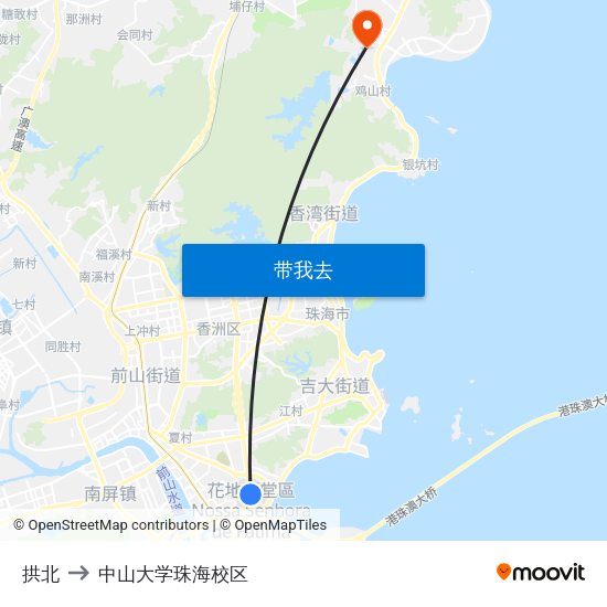 拱北 to 中山大学珠海校区 map