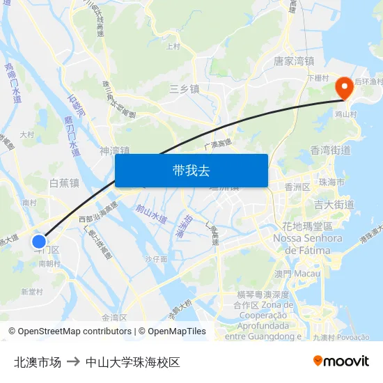 北澳市场 to 中山大学珠海校区 map