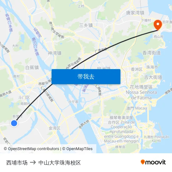 西埔市场 to 中山大学珠海校区 map