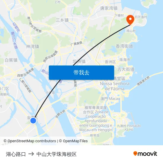 湖心路口 to 中山大学珠海校区 map