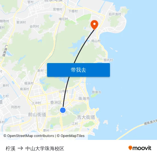 柠溪 to 中山大学珠海校区 map