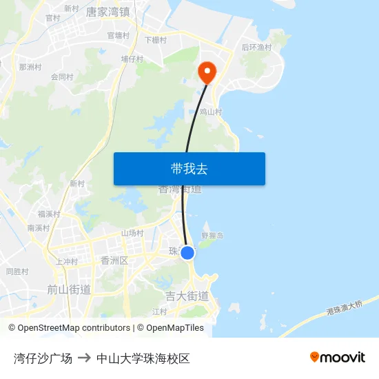 湾仔沙广场 to 中山大学珠海校区 map