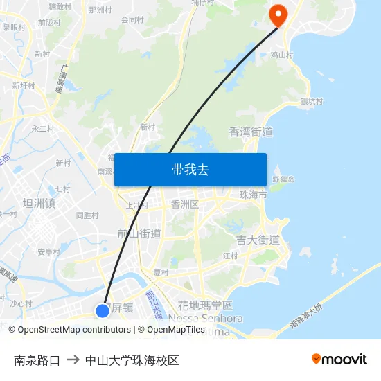 南泉路口 to 中山大学珠海校区 map
