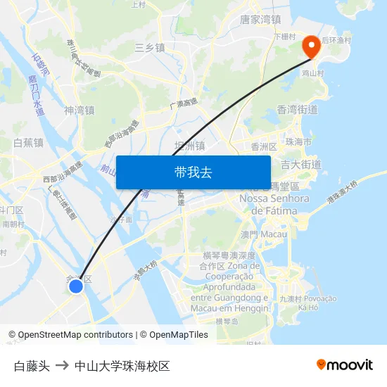白藤头 to 中山大学珠海校区 map