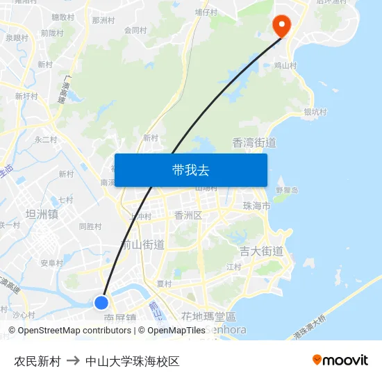 农民新村 to 中山大学珠海校区 map
