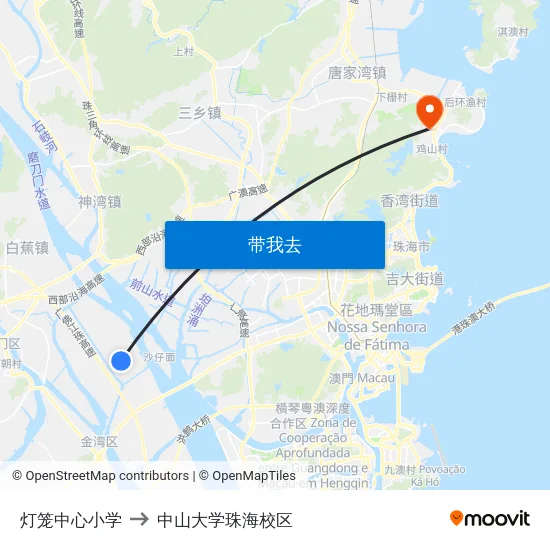 灯笼中心小学 to 中山大学珠海校区 map