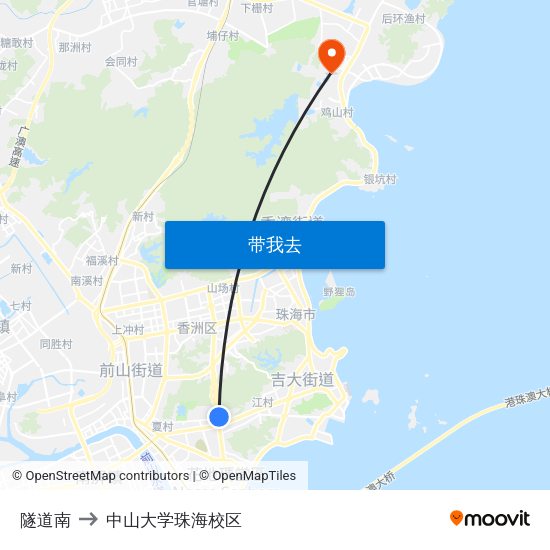 隧道南 to 中山大学珠海校区 map