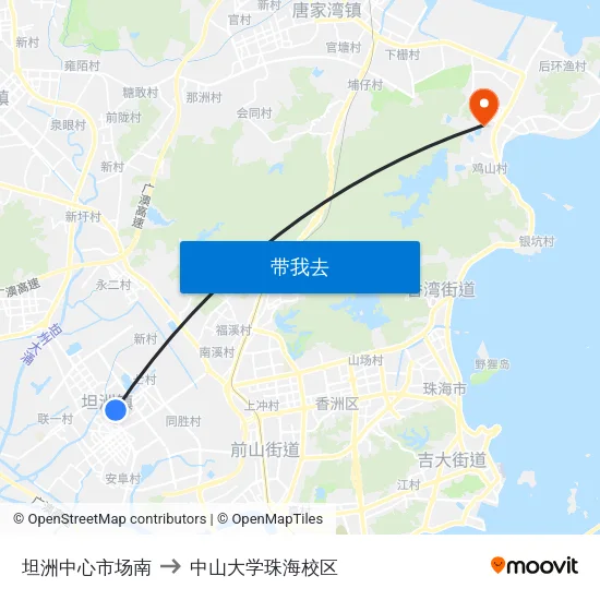 坦洲中心市场南 to 中山大学珠海校区 map