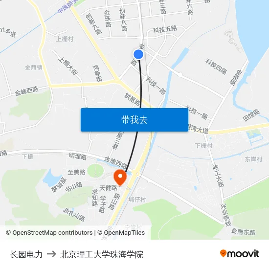 长园电力 to 北京理工大学珠海学院 map