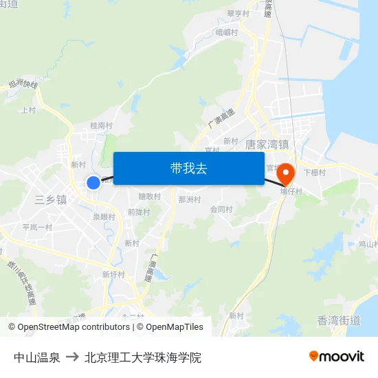 中山温泉 to 北京理工大学珠海学院 map