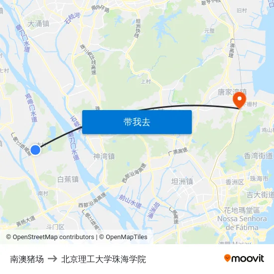 南澳猪场 to 北京理工大学珠海学院 map