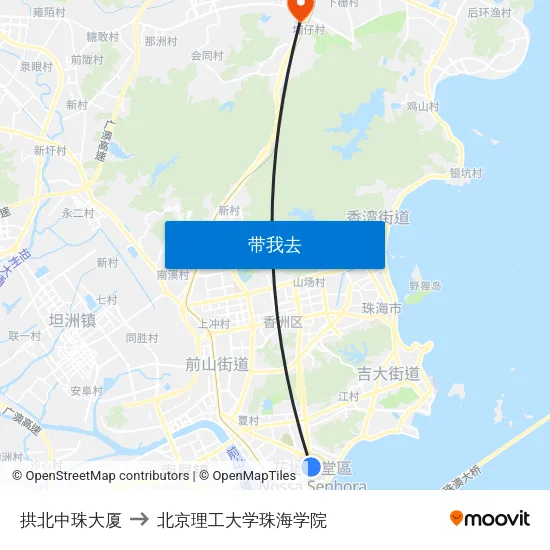 拱北中珠大厦 to 北京理工大学珠海学院 map
