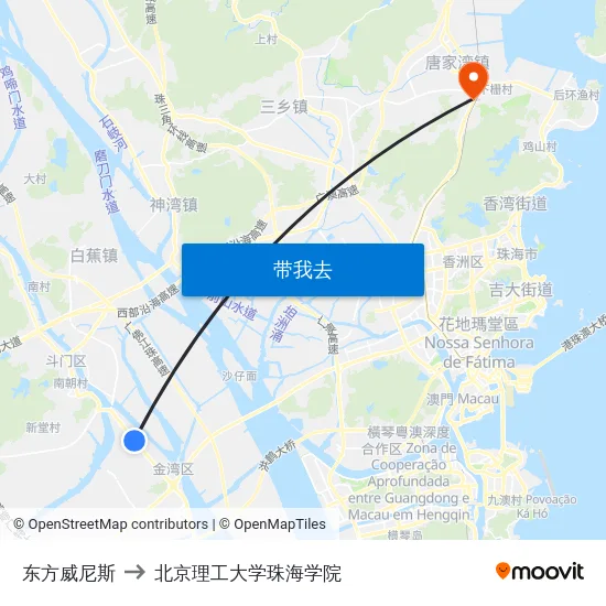 东方威尼斯 to 北京理工大学珠海学院 map