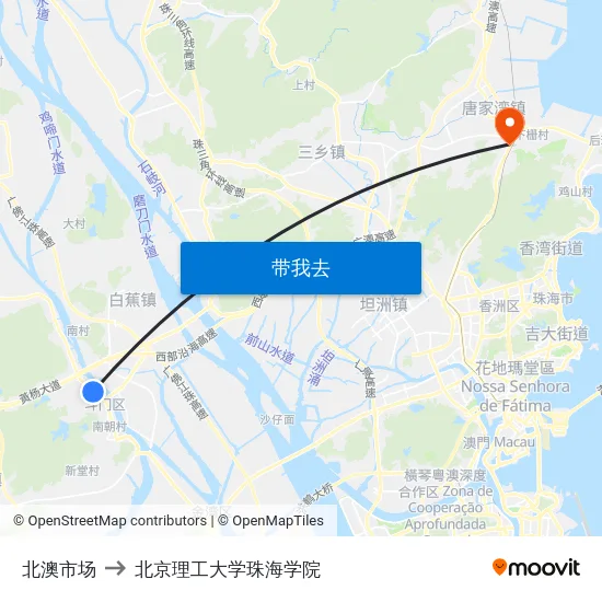 北澳市场 to 北京理工大学珠海学院 map