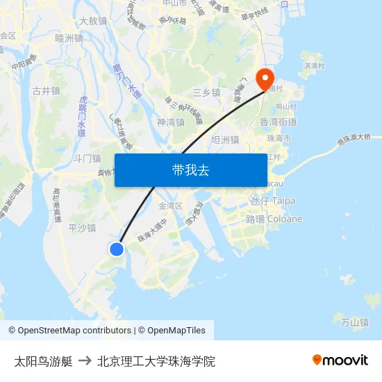 太阳鸟游艇 to 北京理工大学珠海学院 map