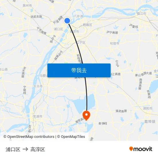 浦口区 to 高淳区 map