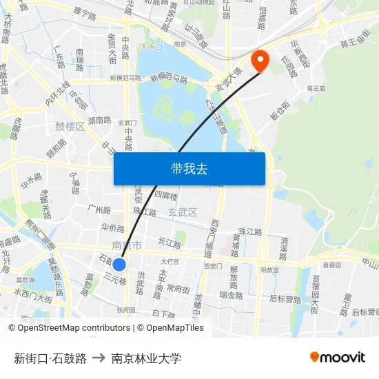 新街口·石鼓路 to 南京林业大学 map