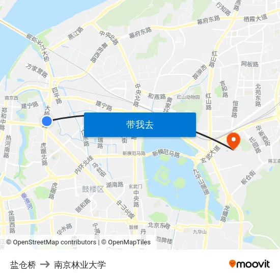 盐仓桥 to 南京林业大学 map