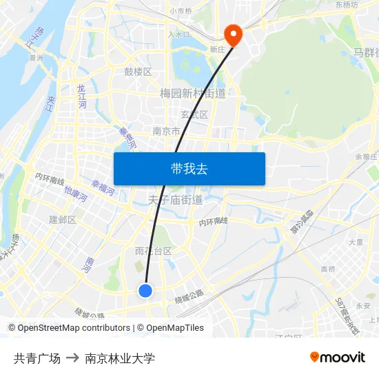 共青广场 to 南京林业大学 map