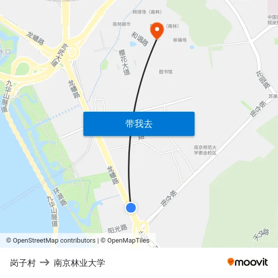 岗子村 to 南京林业大学 map