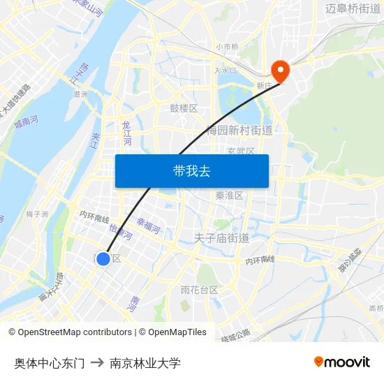 奥体中心东门 to 南京林业大学 map