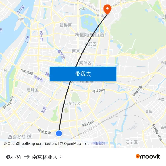 铁心桥 to 南京林业大学 map