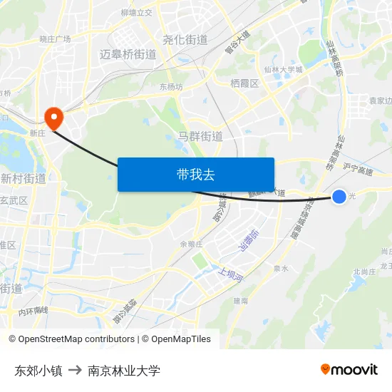东郊小镇 to 南京林业大学 map