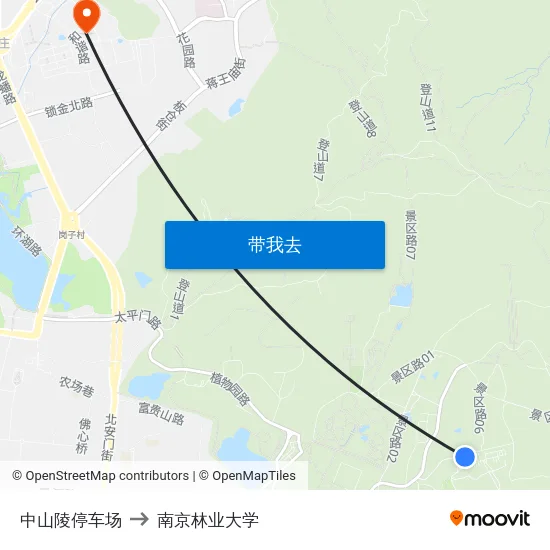 中山陵停车场 to 南京林业大学 map