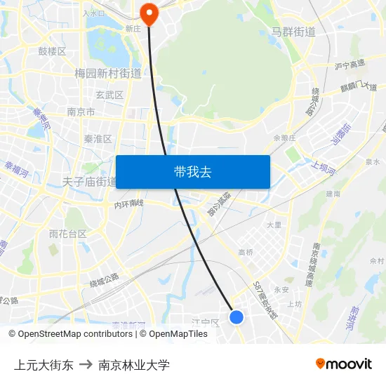 上元大街东 to 南京林业大学 map